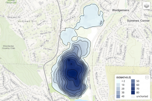 A bathymetric depth map of Upper Mystic Lake