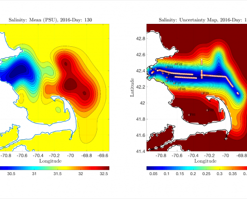 Two salinity maps showing gradients of mostly yellows and reds