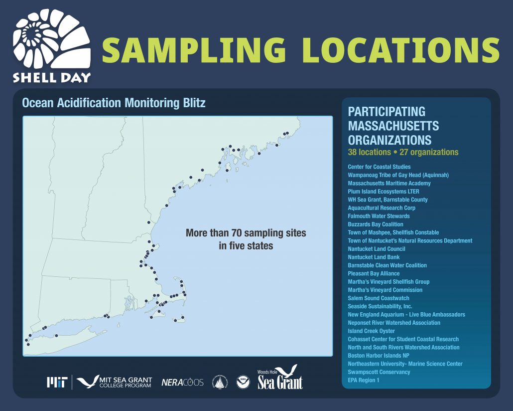 A map of New England showing 70 sampling sites with a list of 27 Massachusetts participating groups.