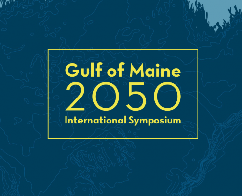 A blue vectorized map of the Gulf of Maine with the symposium logo overlaid