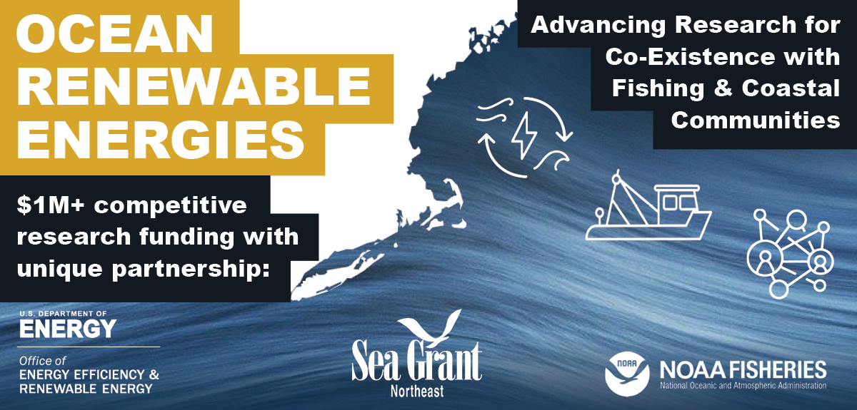 Graphic with a map of the US Northeast and icons for renewable energy, fishing, and a community network. Text reads: "Ocean Renewable Energies; Advancing research for the co-existence of fishing and coastal communities; $1M+ competitive funding opportunity with unique partnership" with DOE, Sea Grant, and NOAA Fishering logos