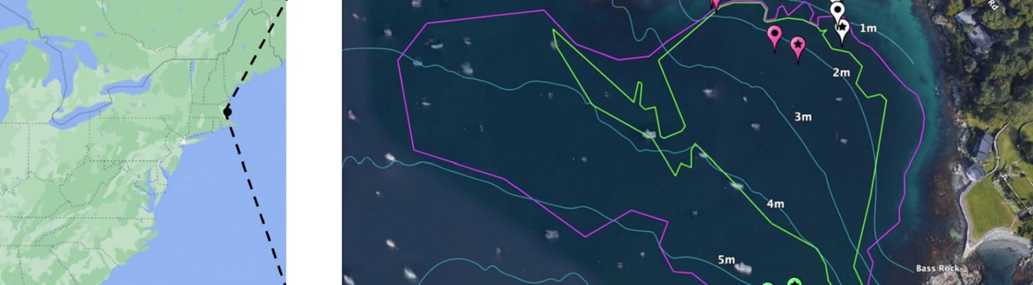 A Google map of the east coast of the U.S. on the left, and a map of Nahant Harbor in Massachusetts on the right, with lines marking field sites.