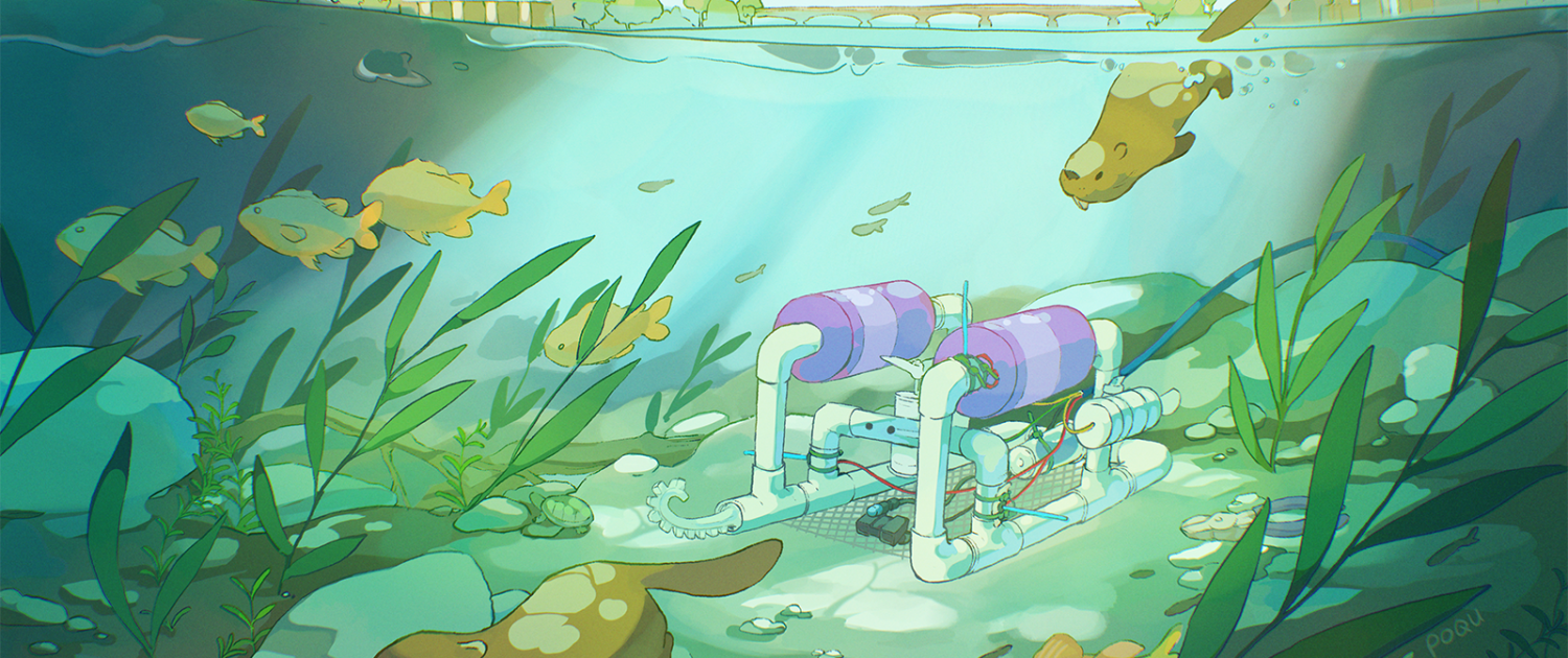 Illustration of SeaPerchII underwater in the Charles River. Art by Melissa Wen