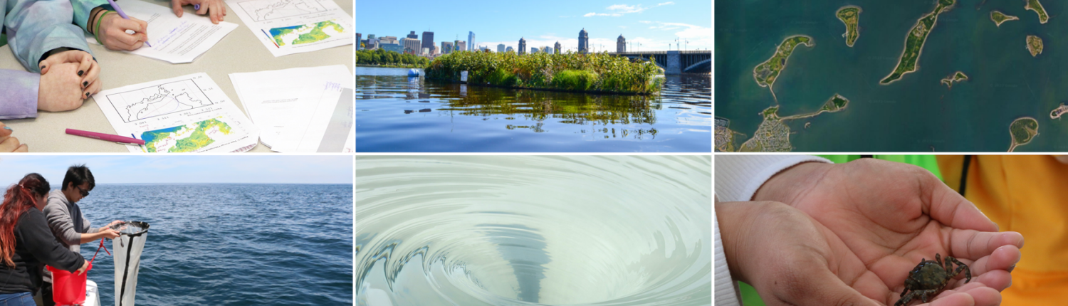 Six photographs showing students working at a table, pulling up a plankton tow, and holding a crab, and an image of Boston Harbor Islands and a swirl of water.