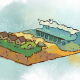 A drawing of the artificial reef structures just off of a coast with houses.