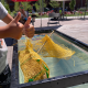 A young person showing the floating structure they built in a tank of water